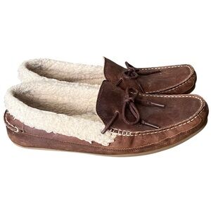 Cole Haan Griffin brown leather moccasin slippers with Sherpa lining